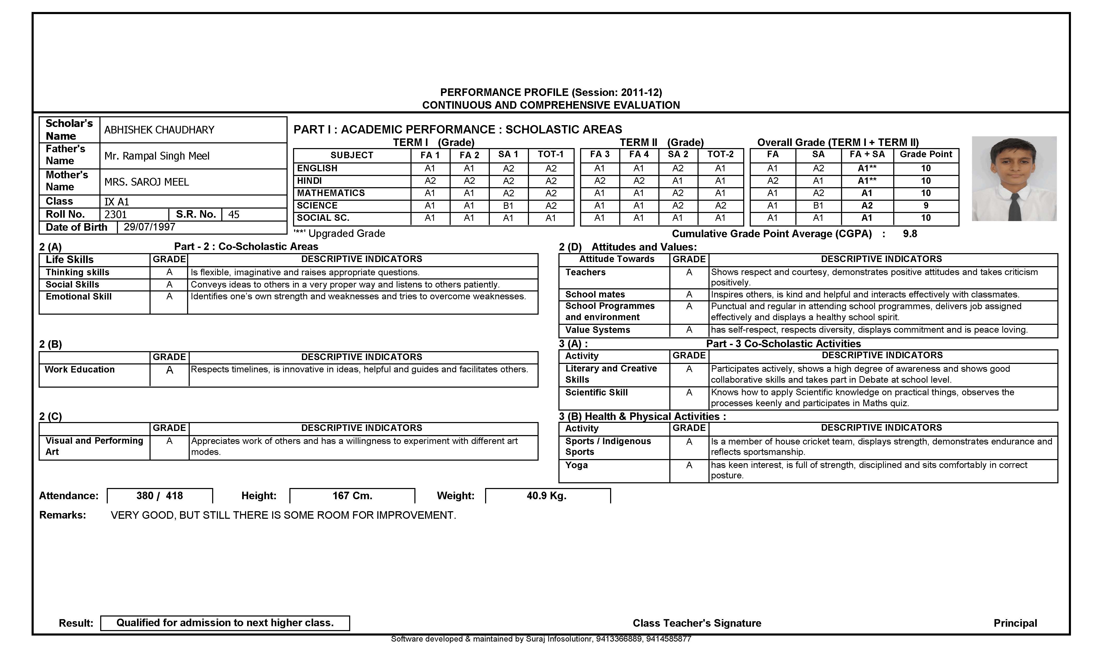 CBSE CCE Pattern Marksheet